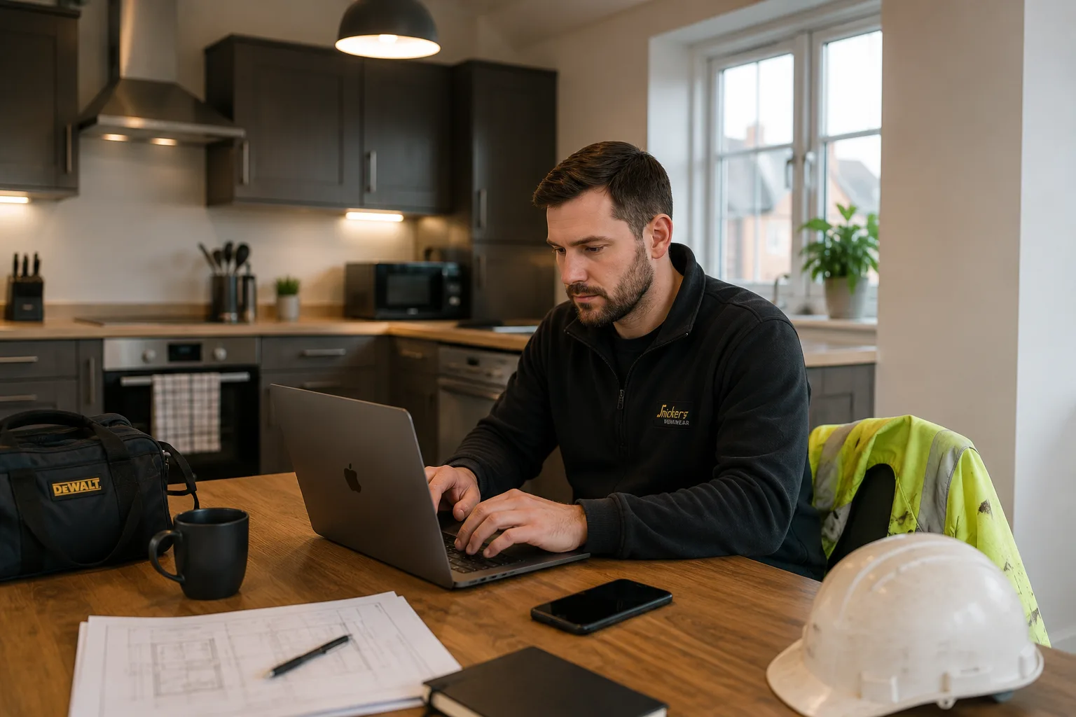 Contractor working comfortably at a Warwickshire short stay