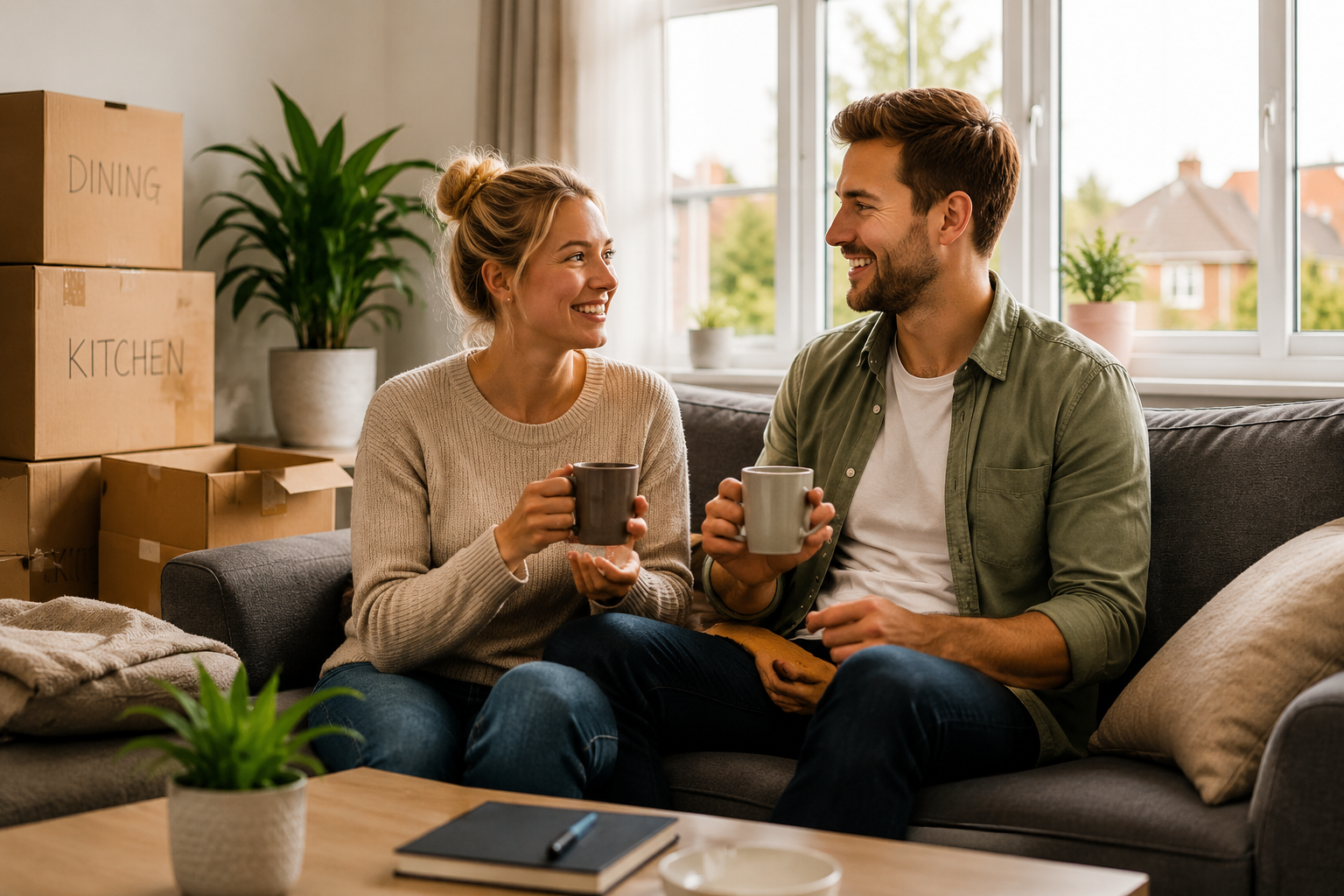 Couple relaxing in their temporary Warwickshire home